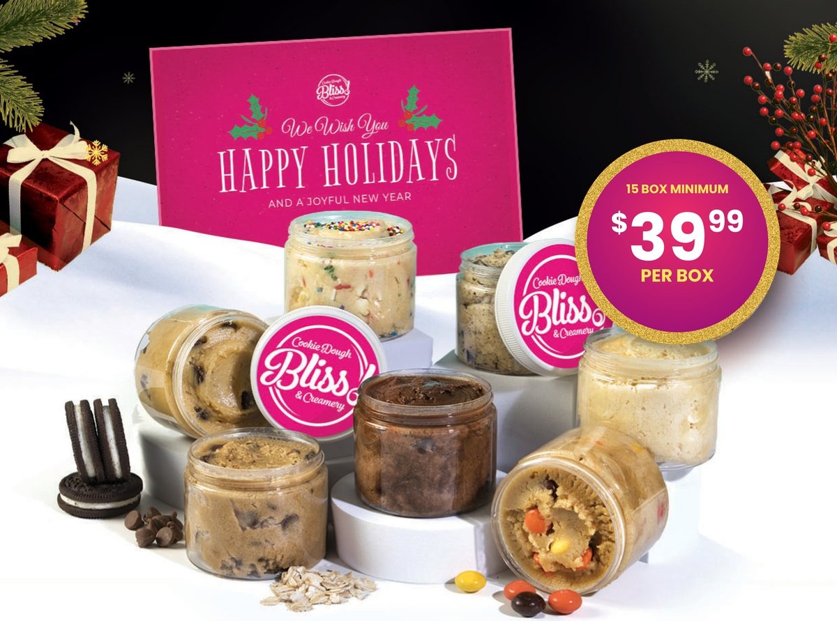 Cookie Dough Bliss holiday gift box with six cookie dough jars and custom holiday card